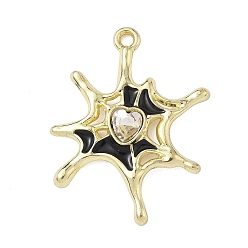 Черный Подвески из сплава со стразами на Хэллоуин, Эмаль стиле, паутины, золотые, чёрные, 28x20.5x3 мм, отверстие : 1.6 мм