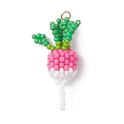 Ярко-Розовый Подвески из стеклянных бусин в виде редиса, с 304 петлями из нержавеющей стали, ярко-розовый, 34.5x12.5x10.5 мм, отверстие : 3.5 мм