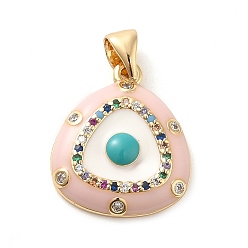 Pink Golden Brass Clear Cubic Zirconia Pendants, with Enamel, Cadmium Free & Nickel Free & Lead Free, Triangle with Evil Eye, Pink, 18x15.5x3mm, Hole: 5x3.5mm