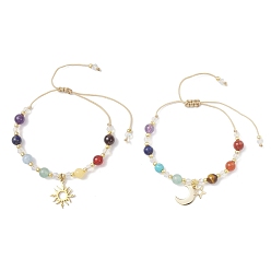 Смешанные камни 2шт. чакра 304 браслеты с подвесками из нержавеющей стали, регулируемые браслеты из круглых бусин из натуральных и синтетических смешанных драгоценных камней для женщин, внутренний диаметр: 1-1/4~3 дюйм (3.2~7.7 см)