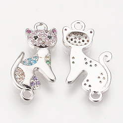 Платина Латунные микропаве, кубические циркониевые соединители для звеньев котенка, кошка, красочный, платина, 21.5x10.5x2 мм, отверстие : 1.5 мм