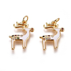 Золотой Латунные микро проложить кубического циркония подвески, с эмалью и кольцом для прыжков, рождественский олень / олень, белые, золотые, 18x14x2 мм, отверстие : 3 мм