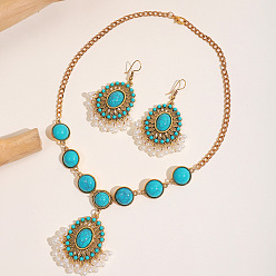 Золотой Комплекты серег и ожерелий из овального сплава и синтетической бирюзы в стиле бохо, с пластиковой жемчужины, золотые, 410 мм
