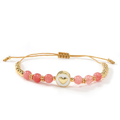 Стеклянный Камень Арбуза Минималистичные регулируемые браслеты из синтетических бусин в форме арбуза, стеклянных бусин и плетеных бусин., ювелирные изделия из латуни с эмалью для женщин, плоско-круглые с сердцем, 11.02 дюйм (28 см)