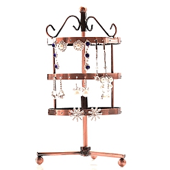 Red Copper Iron Rotating 3-Tier Earring Display Stand, for Hanging Dangle Earring, 72 Holes, Red Copper, 110x110x250mm