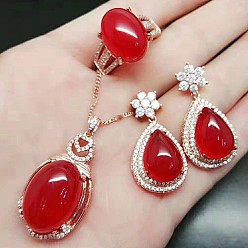 Красный 925 ожерелья, серьги и кольца из стерлингового серебра с микропаве из прозрачных кубических цирконий и натуральным халцедоном, платина, овальные, красные, 400 мм
