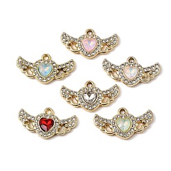 Doré  Pendentifs en verre d'alliage de placage uv, coeur avec breloque aile, avec strass, facette, couleur mixte, or, 14x25x3.7mm, Trou: 1.8mm