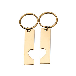 Золотой Брелок с подвесками из нержавеющей стали, с кольцами для ключей из сплава, Прямоугольник с сердцем, золотые, кулон: 5x1.2 см, Кольцо: 25 mm в диаметре, 2 шт / комплект.