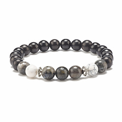 Дерево Браслет из натурального ларвикита и дерева, расшитый круглыми бусинами, украшения из драгоценных камней для мужчин и женщин, внутренний диаметр: 2-1/4 дюйм (5.6 см)