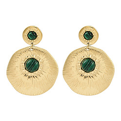 Плоский Круглый 304 серьги-гвоздики из нержавеющей стали для женщин, реальный 18 k позолоченный, с малахитом, плоско-круглые, 55x40 мм