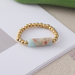 Шушан Камень Регулируемые кольца из натурального камня Шоушань с бусинами из нержавеющей стали, золотые, внутренний диаметр: регулируемый