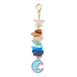 Sky Blue Moon Alloy Enamel Pendant Decorations, with Chakra Gemstone Chips & Brass Star Link and 304 Stainless Steel Lobster Claw Clasps, Sky Blue, 78mm