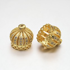 Golden CZ Brass Micro Pave Cubic Zirconia Crown Bead Cones, Lead Free & Cadmium Free, Golden, 14.5x15mm, Hole: 1mm