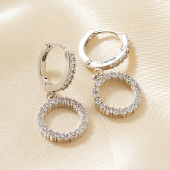 Серебро Элегантные латунные серьги-кольца с прозрачным кубическим цирконием, серебряные, 27x12 мм