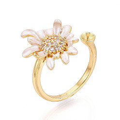 Настоящее золото 18K Оправа для манжет из цветочной латуни с микропаве из прозрачных кубических цирконий и эмали, для полуполых бусин , реальный 18 k позолоченный, штифты : 0.9 мм, размер США 6 (16.5 мм)