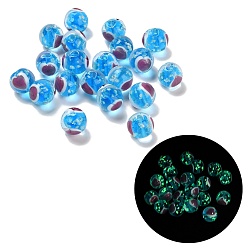 Синий Бусины лэмпворк , светящиеся бусы, круглые с сердцем, светится в темноте, синие, 10 мм, отверстие : 1.8 мм