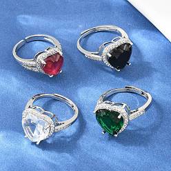 Mixed Color Heart Brass Micro Pave Cubic Zirconia Cuff Open Rings for Women, with Glass, Cadmium Free & Lead Free, Rack Plating, Platinum, Mixed Color, 18mm