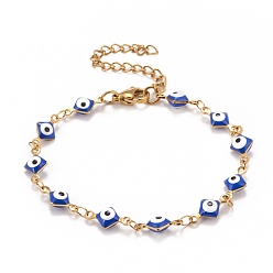 Синий Браслет-цепочка с эмалевым ромбом и звеном от сглаза, вакуумное покрытие pvd 304 ювелирные изделия из нержавеющей стали для женщин, долговечный, золотые, синие, 6-5/8 дюйм (16.8 см)