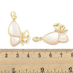 Real 18K Gold Plated Brass Micro Pave Clear Cubic Zirconia Pendants, with White Shell, Butterfly Charms, Real 18K Gold Plated, 27.5x19x4mm, Hole: 4x3mm