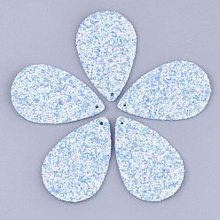 Светло-Голубой Большие кожаные подвески, с блестками блестками / пайеткой, слеза, Небесно-голубой, 57.5x37x2.5 мм, отверстие : 1.8 мм