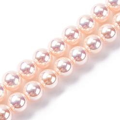 Легкий Лосось УФ-покрытие перламутровые стеклянные жемчужные бусины нити, имитация Австрийские кристаллические шарики, круглые, светлый померанцевый, 8 мм, отверстие : 0.7 мм, около 51~52 шт / нитка, 15.35~15.75 дюйм (39~39.5 см)