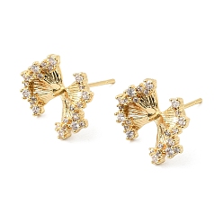 Настоящее золото 18K Фурнитура для сережек-гвоздиков из латуни с микропаве и прозрачными кубическими циркониями в форме бантика, с 925 стерлинговым серебром, за половину пробурено бисера, реальный 18 k позолоченный, 12.5x14.5 мм, отверстие : 5 мм, контактный: 12.5x0.7 мм и 0.8 мм