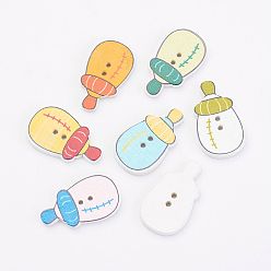 Mixed Color Wooden Buttons, Cartoon Coloured Pattern, Feeding-Bottle, Mixed Color, 28x16.5x3mm, Hole: 1.5mm