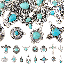 Antique Silver 30Pcs 15 Styles Imitation Turquoise Resin Pendants, with Antique Silver Tone Zinc Alloy Findings, Mixed Shapes, Antique Silver, 23~52.5x12~41mm, 2pcs/style