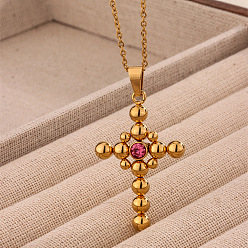 Camellia 304 Stainless Steel Pave Cubic Zirconia Religion Cross Pendant Necklaces, Golden, Camellia, 17.72 inch(45cm)