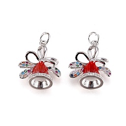 Platinum Brass Micro Pave Cubic Zirconia Pendants, with Enamel and Jump Ring, Christmas Bell, Red, Platinum, 18x16x9mm, Hole: 3.5mm