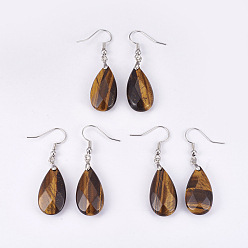 Тигровый глаз Натуральный тигровый глаз мотаться, с латунной фурнитурой , слеза, граненые, платина, 45~49 мм, штифты : 0.7 мм, Кулон : 24~26x13x6~7 мм