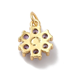 Medium Purple Rack Plating Brass Micro Pave Cubic Zirconia Charms, with Pearl, Cadmium Free & Lead Free, Real 18K Gold Plated, Flower, Medium Purple, 12.5x10.5x4mm, Hole: 3.6mm