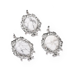 Говлит Естественно Howlite большие кулоны, слезинки, с стеллаж металлизированный платины тон выводов латуни, 56x37x8 мм, отверстие : 7x4.5 мм