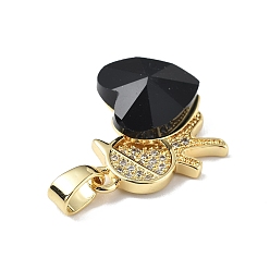 Black Real 18K Gold Plated Rack Plating Brass Micro Pave Clear Cubic Zirconia Pendants, with Glass, Long-Lasting Plated, Cadmium Free & Lead Free, Boy with Heart Charm, Black, 19.5x18x7.5mm, Hole: 5.5x3.5mm