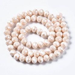 Navajo White Electroplate Glass Beads Strands, Pearl Luster Plated, Faceted, Rondelle, Navajo White, 8x6mm, Hole: 1~1.4mm, about 67~72pcs/strand, 16.14~16.53 inch(41~42cm)