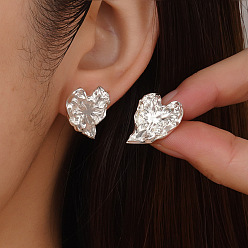 Stainless Steel Color Brass Stud Earrings, Texture Irregular Heart, Stainless Steel Color, 22x16mm