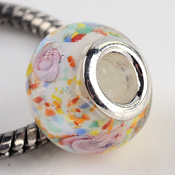 Разноцветный Rondelle Lampwork большого отверстия европейские шарики, с латунными ярдами серебянного цвета , красочный, 13~14x10~11 мм, отверстие : 5 мм