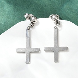 Нержавеющая Сталь Цвет Христианский перевернутый крест 201 Серьги-гвоздики из нержавеющей стали, с 304 штифтов из нержавеющей стали, цвет нержавеющей стали, 27.5x12.5 мм