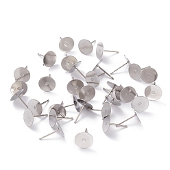 Stainless Steel Color Non-Tarnish 304 Stainless Steel Stud Earring Findings, with Flat Pad Earring Post, Flat Round, Stainless Steel Color, 8x0.4mm, Pin: 0.7mm