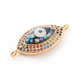 Golden Brass Micro Pave Cubic Zirconia Links Connectors, with Abalone Shell/Paua Shell, Cadmium Free & Nickel Free & Lead Free, Eye, Clear, Colorful, Golden, 24.5x12x4.5mm, Hole: 1mm