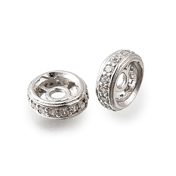 Платинированный 925 бусины из стерлингового серебра с микропаве, прозрачные бусины из кубического циркония, плоско-круглые, Реальная платина, 6x2 мм, отверстие : 1.5 мм