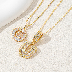 Letter U 2 шт. 2 стили латунные паве прозрачные кубические цирконии начальные подвески ожерелья наборы, золотые, Буква U, 17.72 дюйм (45 см), 1 шт / стиль