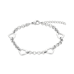 Stainless Steel Color 304 Stainless Steel Hollow Heart Link Chain Bracelets for Women, Stainless Steel Color, 6.69 inch(17cm)