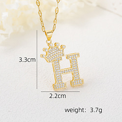 Letter H Хип-хоп латунные микропаве кубические цирконии корона инициал подвеска ожерелья, 304 ожерелья из нержавеющей стали с цепочкой для женщин, золотые, Письмо ч, 15.75 дюйм (40 см)