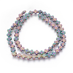 (966) Внутренний цвет Кристалл / Лиловато-лиловый на подкладке Гальванические немагнитная синтетический гематит бисер пряди, матовые, крестик, с покрытием разноцветным, 6x6x2.5 мм, отверстие : 1 мм, около 65 шт / нитка, 15.94 дюйм (40.5 см)