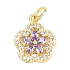 Лиловый Латунные микро проложить кубического циркония подвески, , долговечный, стойки покрытие, без свинца и без кадмия, реальный 18 k позолоченный, сирень, 14x12x2.8 мм, отверстие : 3.2 мм