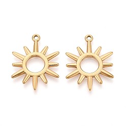 Настоящее золото 18K 304 подвески из нержавеющей стали, очарование солнца, ионное покрытие (ip), реальный 18 k позолоченный, 31.5x24.5x2 мм, отверстие : 1.8 мм