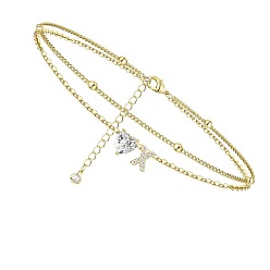 Letter X Двухслойные браслеты на ногу с подвесками в виде сердца и буквы из латуни и кристаллов горного хрусталя, золотые, Письмо X, 8-5/8 дюйм (220 мм)