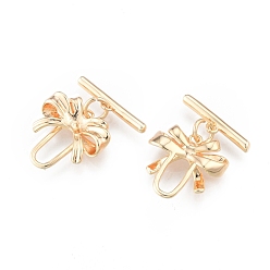 Plaqué 18K Or Véritable Laiton fermoirs toggle, sans cadmium et sans nickel et sans plomb, bowknot, réel 18 k plaqué or, bowknot: 16x15.5x4 mm, Trou: 1.5mm, bar: 17x42 mm, Trou: 1.2mm