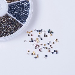 Mixed Color 12/0 Grade A Round Glass Seed Beads, Iris Round Beads, Mixed Color, 2x1.5mm, Hole: 0.5mm, about 550~600pcs/color, 6colors, about 3300~3600pcs/box